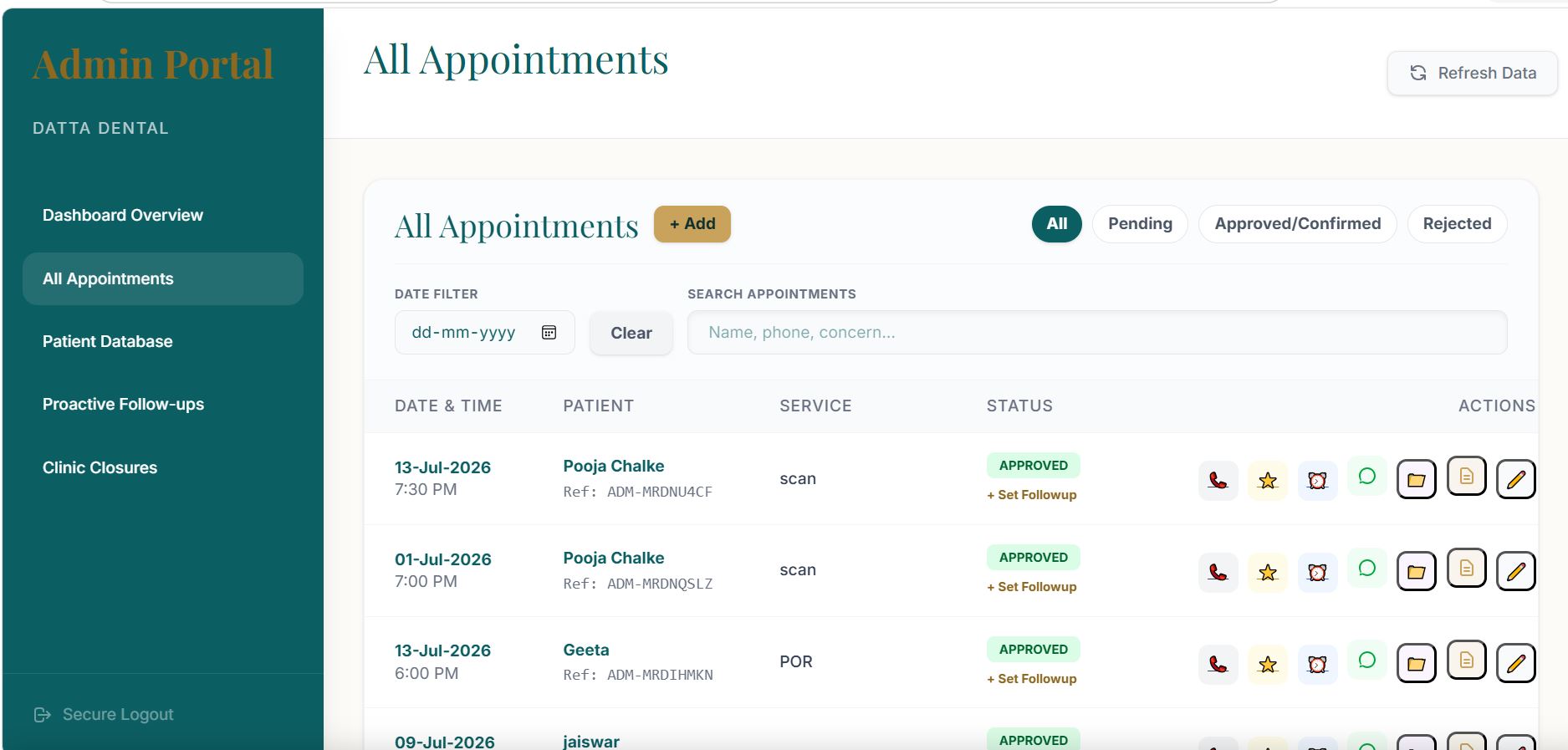 Pocket Clinic Appointments screen