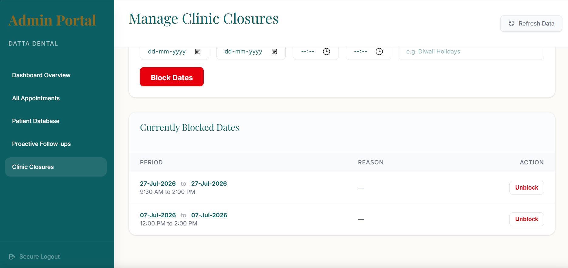 Pocket Clinic Closures screen